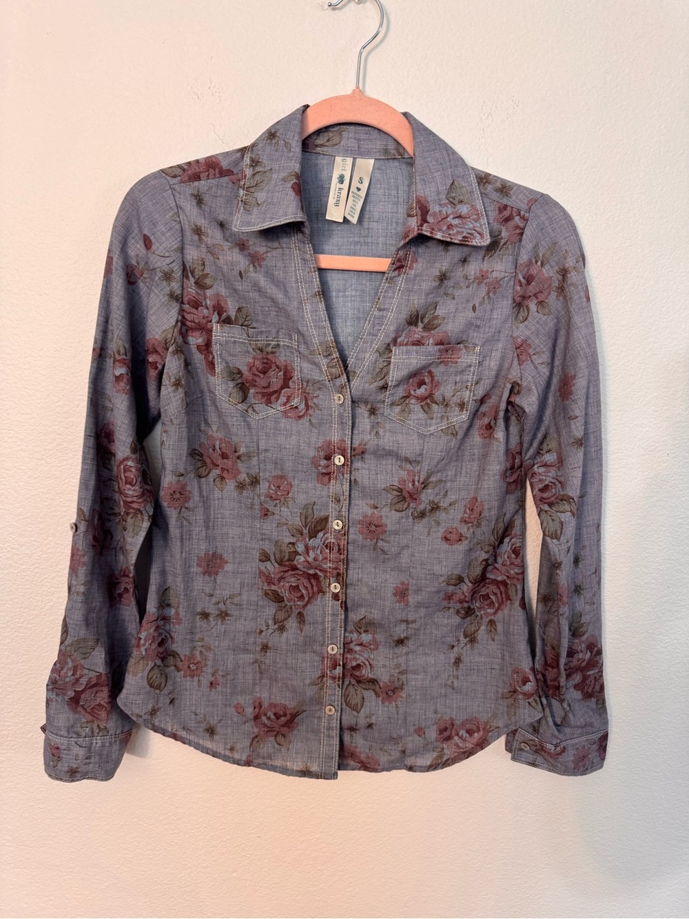 girl krazy Dusty Blue Floral Button-Down Shirt with Pink Roses